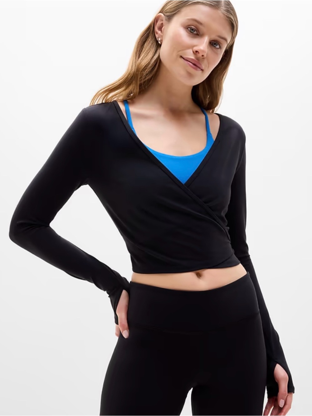 Athleta Black Wrap-Front Long Sleeve Crop Top - Women